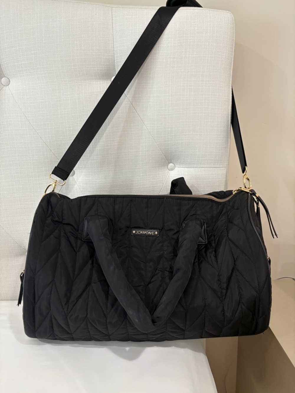 Joan & David Black Quilted Travel Duffle with Gold Hardware